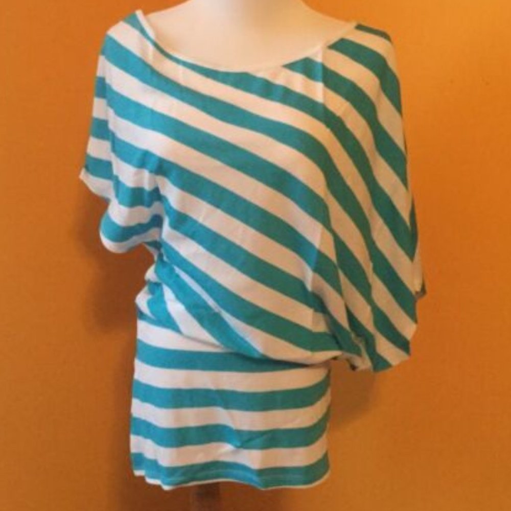 Victoria Secret Tee Shop Teal Striped Ayssmetric Sleeve sz. Medium NWOT